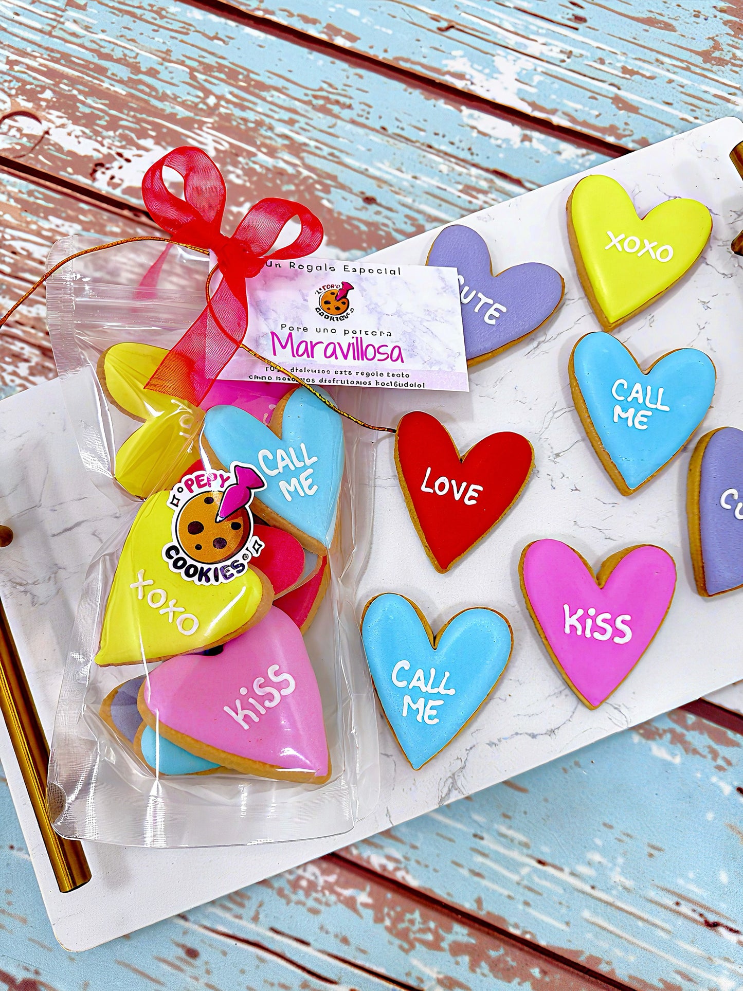 BOLSA 10 MINI GALLETAS: CORAZONES COLORES