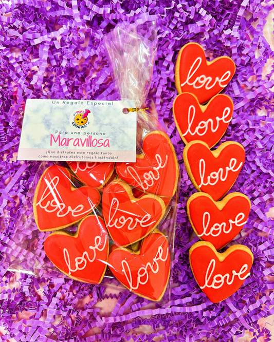 BOLSA 12 MINI GALLETAS CORAZONES LOVE ROJOS